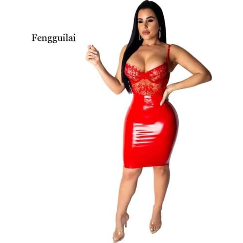 Women Sexy Lace PU Dress Mesh Patchwork Backless Leather Dresses Black Blue And Red 2020 Summer