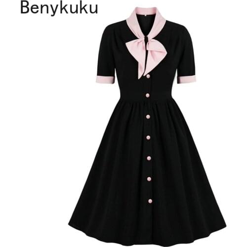 Tie Neck Single-Breasted Vintage Clothes for Women Black A Line Knee Length Dress 2021 Elegant Half Sleeve Retro Robe Fall Dress