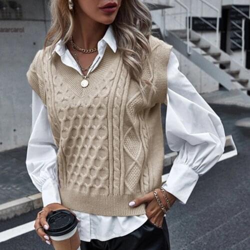 Fashion Women Houndstooth Vest Sweater Casual V Neck Sleeveless Autumn Winter Jumper Knitted Korean Style Pullover Loose Tops