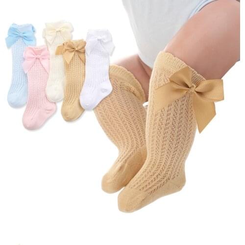 Baby Infants Kids Toddlers Girls Boys White Knee High Socks Tights Leg Warmer Ribbon Bow Solid Cotton Stretch Cute Lovely 0-3Y