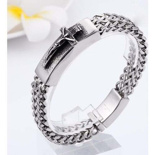 Classic Christian Jesus Cross Charm Bracelets For Men 23cm Stainless Steel Mesh Chain Link Bracelet Armband Prayer Jewelry