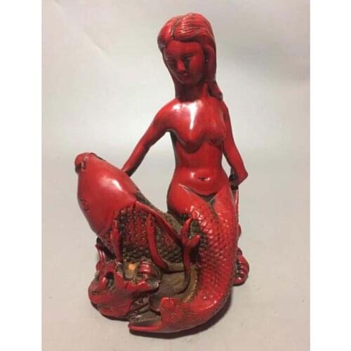 Collectible Classical Red Resin Handwork mermaid Decor Statue