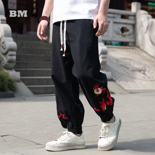 Nezha Hot Wheel Embroidery Cotton Linen Sports Pants Chinese Plus Size Fashion Casual Sweatpants Men Clothing Harajuku Joggers