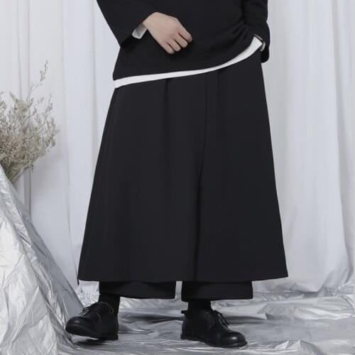 Mens Yamamoto style solid color wide leg pants casual loose nine straight pants skirt false two sets