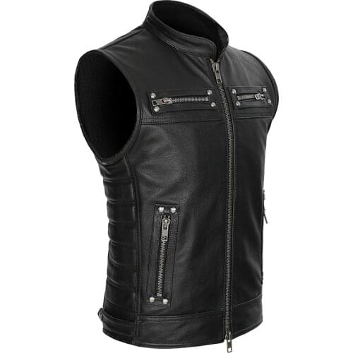 Real Leather Biker Vest Mens Stand Collar Zipper Pockets Motorcycle Vest Jackets Waistcoat Genuine Cow Leather Black Slim