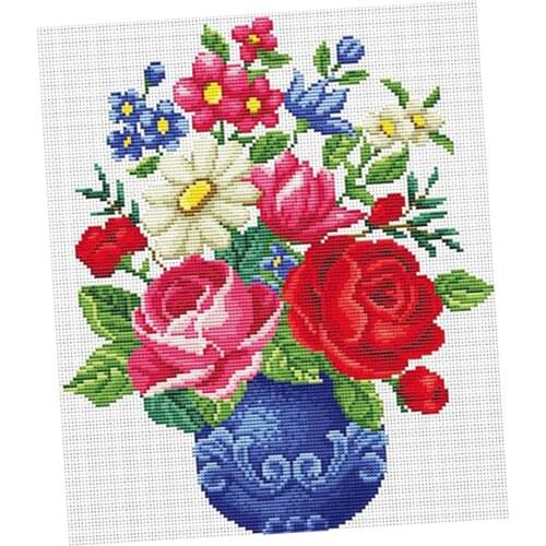 Stamped Cross Stitch Kit 11CT Pre-Printed Cloth Embroidery Kit - Flower Vase