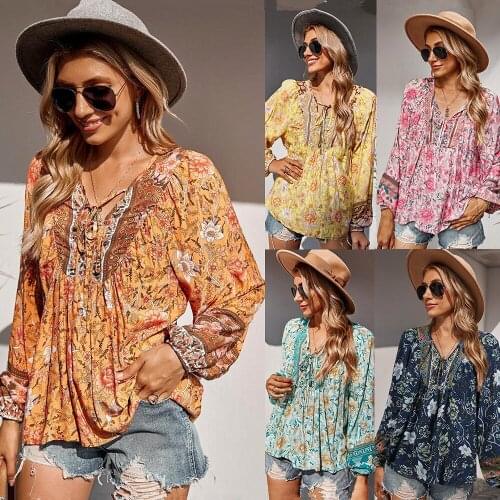 New Style Loose Elegant Floral Womens Clothing Autumn 2021 Tether Romantic Holiday Printing Long-sleeved Women