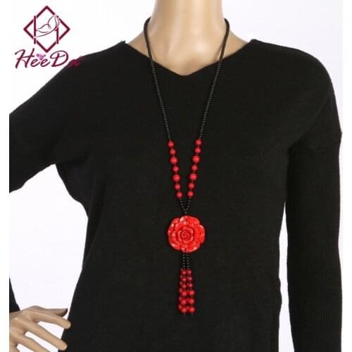 Vintage Ethnic Red Cinnabar Long Tassel Necklaces for Women Autumn Winter Joker Beads Flower Sweater Chain Lady Jewelry on Neck