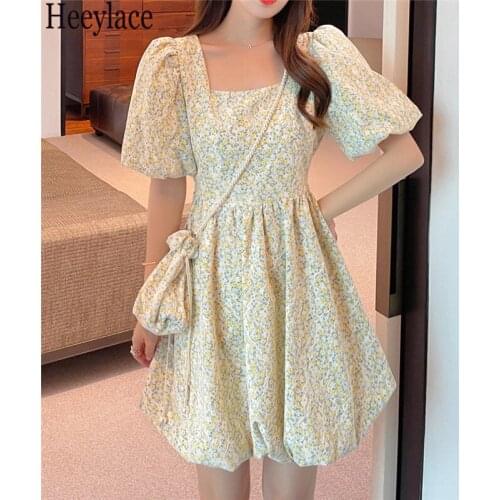 Dress with Waist Bag Women Korean Summer 2021 French Square Neck Puff Sleeve Fashion Elegant Female Mini Puff Dresses