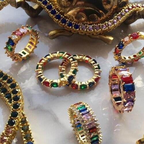 Gold filled fashion jewelry rainbow square baguette cz engagement ring for women colorful cubic zirconia cz eternity band ring