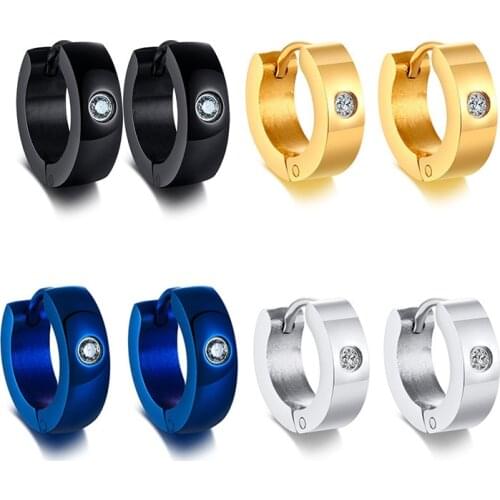 4MM stainless steel earrings with rhinestones, trendy mens accessories, black gold color and silver-plated earrings