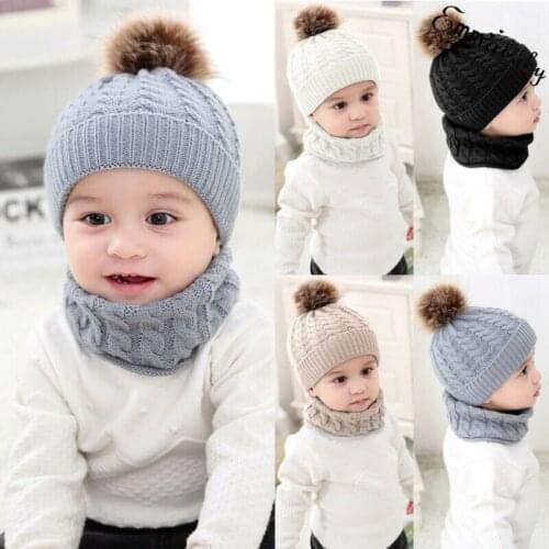 Toddler Kids Hat Winter Warm Baby Boy Girl Fur Pom Knit Bobble Beanie Cap Scarf Winter oft Beanie Crochet Elasticity New Arrival