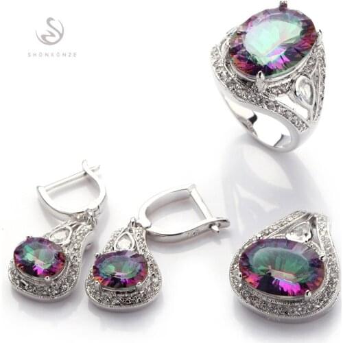 SHUNXUNZE jewelry sets(ring/earring/pendant) for women Pink Purple Rainbow Cubic Zirconia Rhodium Plated R543set R546set R701set
