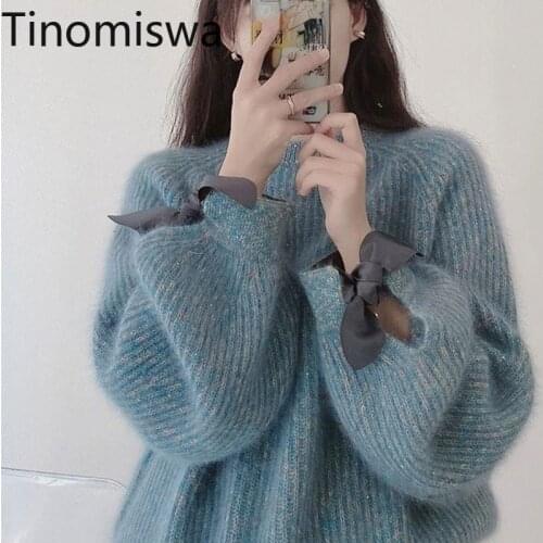 Tinomiswa Lace Up Long Sleeve Pullover Jumpers Pure Color Casual Loose Knitted Tops Autumn New Clothing Korean Fashion Sweater