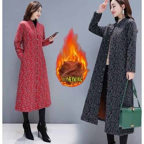 Floral Cotton Linen Windbreaker Womens 2020 Autumn Winter New Single-Breasted Plus Velvet Thick Retro Padded Coat Female Q373