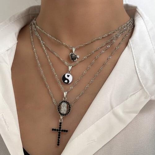 New Silver Color Multilayer Metal Long Chain Necklaces For Women Crystal Cross Portrait Charms Twisted Chain Punk Party Jewelry