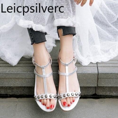 Womens Sandals summer new style Fashion Casual Solid Narrow Band Rivet Open toe Buckle flat Womens shoe plus size 34-49