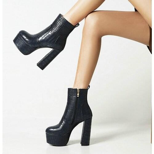 Crocodile Pattern PU Women Platform Boots Fashion Thick Heel Side Zipper Ladies Ankle Boots Yellow Blue Beige Women Winter Boots