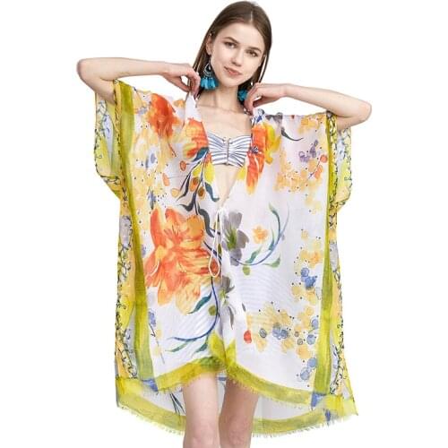 Womens Open Front Printed Loose Style Kimonos Casual Bikini Set Swimwear Cover Up Beach Casual Dress Long Cardigan Swimsuits