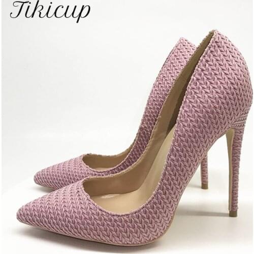 Tikicup Pink Knitted Fabric Women Pointed Toe Stiletto High Heels Fashion Designer Dress Pumps Shoes Plus Size 42 43 44 45