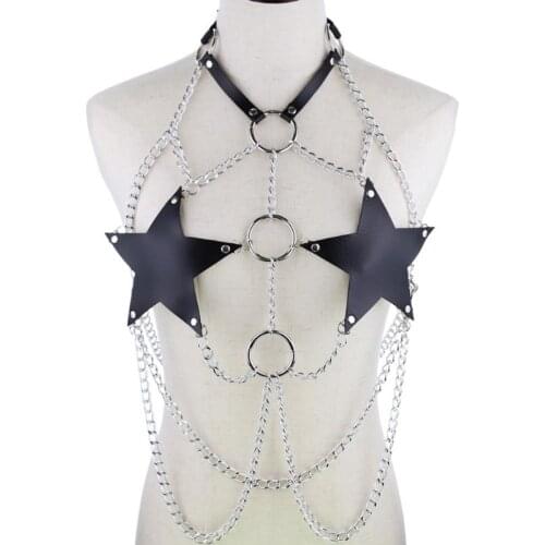 Womens Rave Halter Body Harness Faux Leather Five-Pointed Star Chest Gothic Punk Metal Chain Belt Top Festival Costume Clubwear
