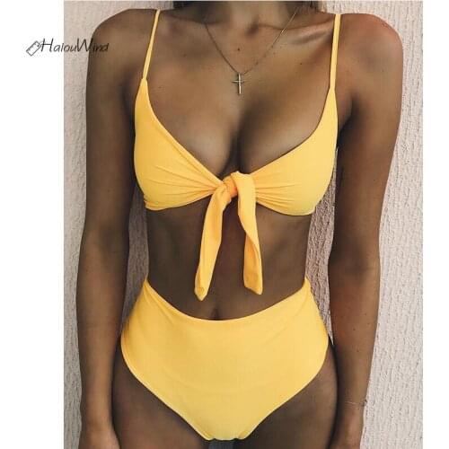 2019 Summer Women Beach Bust Lace Up Bikini Set High Waist Two Pieces Swimwear Swimsuit Biquini Bathing Suits Push Up Bikini Set