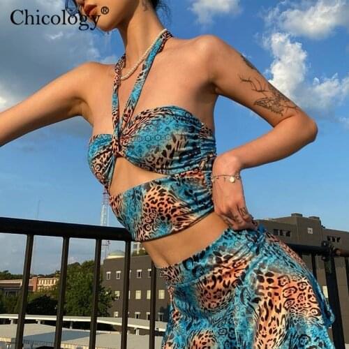 Chicology leopard halter sexy crop camis top hollow out sleeveless women 2020 summer streetwear party club punk short clothes