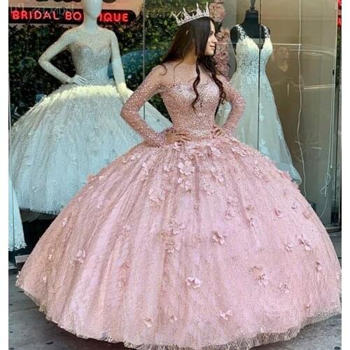 Rose Gold Ball Gown Quinceanera Dresses Bridal Gowns Sweetheart Long Sleeve Sweet 16 Dress vestidos de xv años anos