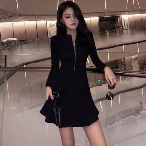 Woman Dress Summer New Womens Ruffled Zipper Black Dress Vestido De Mujer