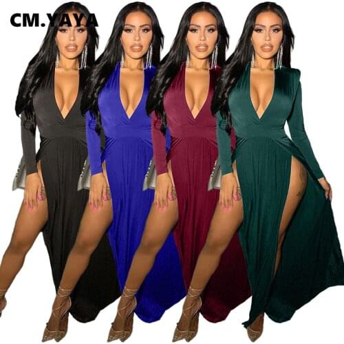 CM.YAYA Women Autumn High Side Slit Bodycon Midi Maxi Dress Long Sleeve Pencil Bandage Sext Club Night Club V-neck Long Dresses