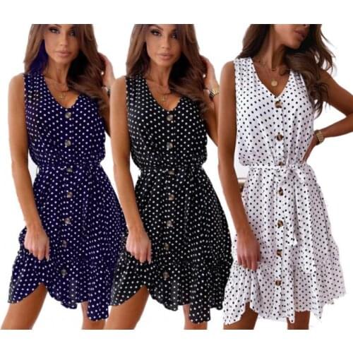2021 Summer Fashion Sexy Polka Dot Print Waist Tie Buttons Commuter Casual V-Neck Ladies Dress
