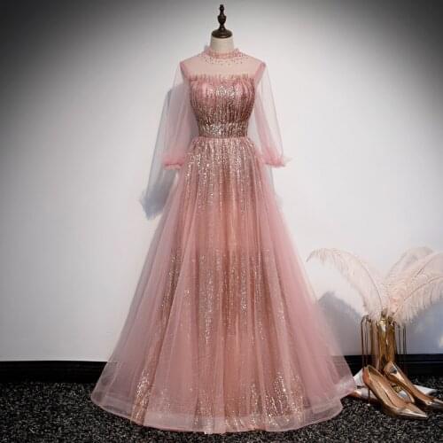 Pink Evening Dresses Women High-neck Illusion Pleat Sequins Bling Three Quarters Empire Sleeves Party Formal Dress R1392