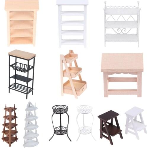 1Pc 1:12 Dollhouse Wood Plastic Metal Shelf Flower Stand Mini Doll House Furniture Model Simulation Furniture Accessories