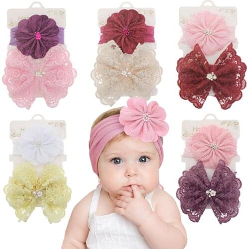 2 Pcs/Set Flower Baby Headband Lace Bows Hair Bands for Girls Princess Elastic Kids Headwear Turban Baby Hair Accessories