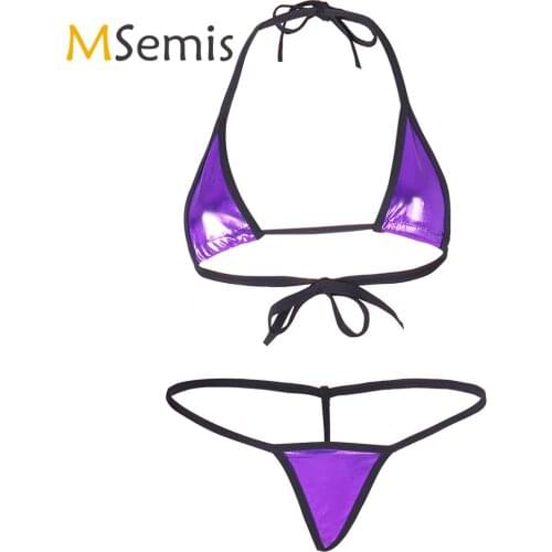 2PCS Womens Lingerie Bikini Swimsuits Patent Leather Swimwear Halter Bikini Top with G-string Thong Bottoms Sexy Underwear Set