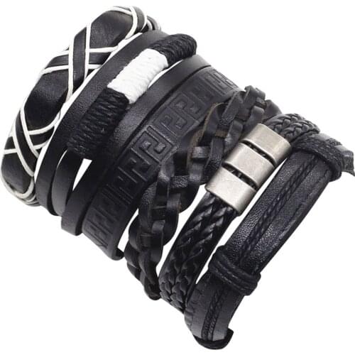 6pcs/set Brown Cross Combination Wrap Fashion Alloy Vintage Cuff Bangle Genuine Leather Bracelets Men Women Jewelry Accessories