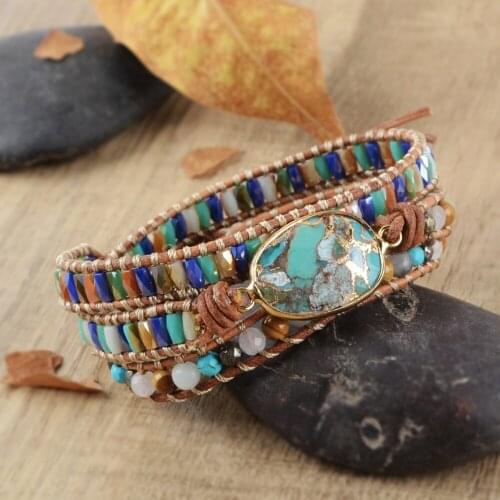Turquoises 3 Strands Wrap Bracelets Handmade Bohemian Gems Stone Leather Bracelet Gold line Howlites braid Bracelet Dropshipping