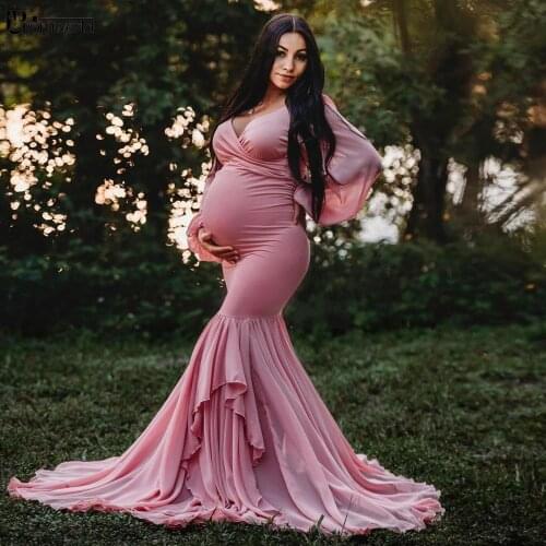 Mermaid Long Prom Dresses for Pregnant Women Photography Long Sleeves Soft Chiffon Plus Size Evening Party Gown Robe De Soiree