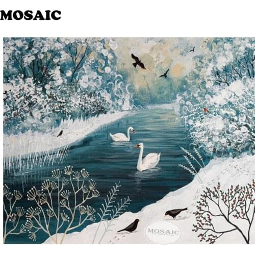 PHOTO custom Diamond Painting,Cross Stitch,bead Embroidery Diamond Mosaic snow lake swan 3d Picture of Rhinestones Crafts art