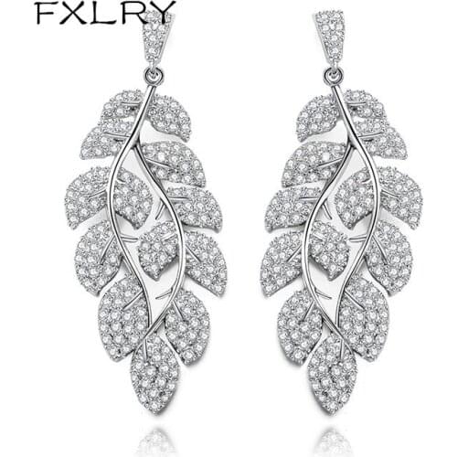 FXLRY New Design Romantic Bride White Color AAA Cubic Zircon Personality leaves Earrings For Women Fashion Jewelry