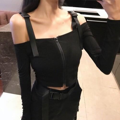 Slash Neck Off Shoulder Strappy Short Tee Shirt Long Sleeve Crop Top Sexy Tops High Street Summer Shirt Camiseta 2019