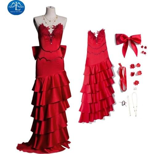 FF 7 Final Fantasy VII Aerith Gainsborough Cosplay Costume Halloween Carnival Costumes Adult Women Girls Red Dress Gown Custom