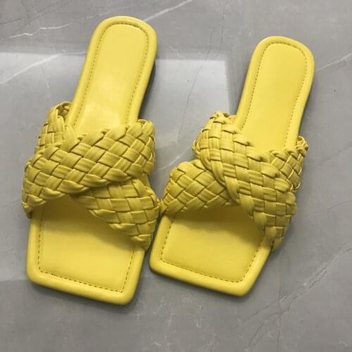 Leather knitted flat sandals women cross band cutout gladiator sandalias summer beach shoes square open toe slides plus size 42