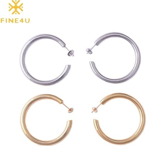 FINE4U E277 Gold Color Lightweight Chunky Open Hoops Stainless Steel Hypoallergenic Earrings