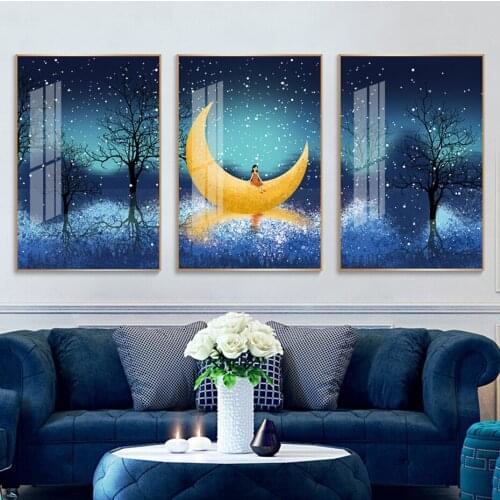 Starry Sky Scenery Poster Gold Moon Canvas Prints Tree Reflection Abstract Paintings Baby Nursery Bedroom Wall Art Picture Decor
