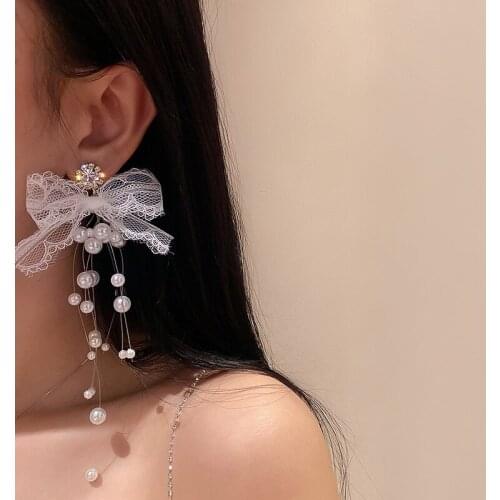 2021 New Rhinestone Lace Bow Knot Temperament Elegant Fish Line Pearl Tassel Drop Earrings for Women Girls Party Jewelry Gifts