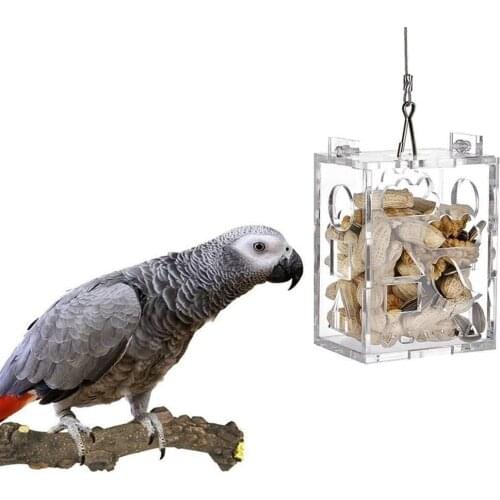 Behogar Funny Transparent Acrylic Bird Parrot Hanging Foraging Feeder Feeding Box Educational Toy for Budgies Parakeet Cockatoo
