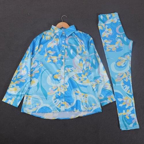 Long Sleeve Shirts For Women Pencil Pants Fall Fashion Blouses Printed Leggings Two Piece Set Button Up Tops And Tight Joggers