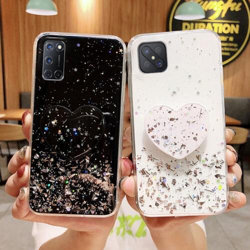 Glitter Star Bling Case For OPPO A15 A72 A53 A5 2020 Reno 4 2 2Z Realme 7 6 5 Pro X2 C3 Clear Back With Heart Stand Holder Cover
