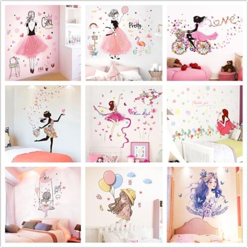 [shijuekongjian] Fairy Girl Wall Stickers DIY Butterflies Flowers Mural Decals for House Kids Room Baby Bedroom Decoration